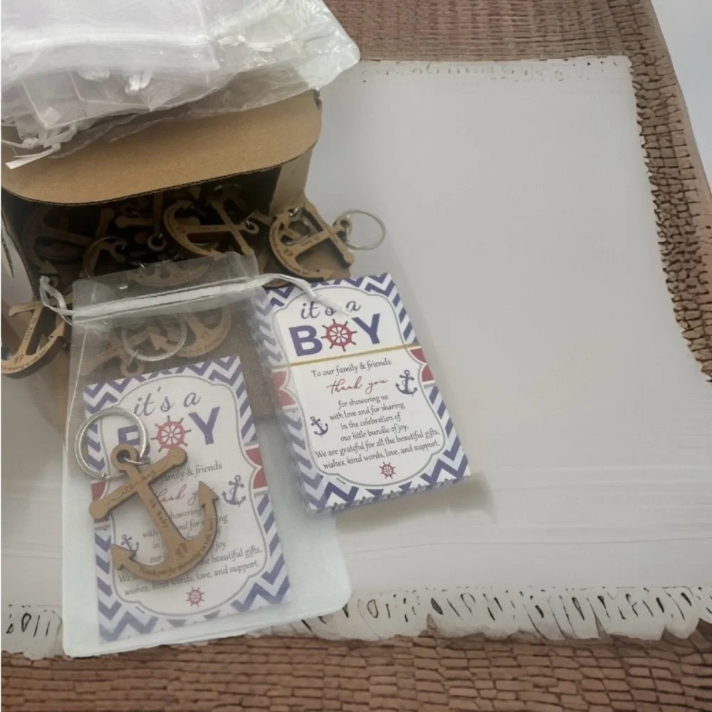 It's A Boy Anchor Keychain 50 Nautical Baby Shower Thank You Cards - Gift Sets